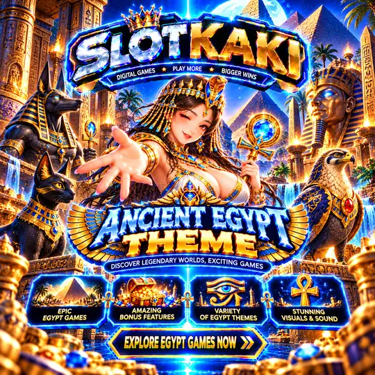 SLOTKAKI ancient Egypt theme – banner blue and gold: pyramids and a pharaoh
