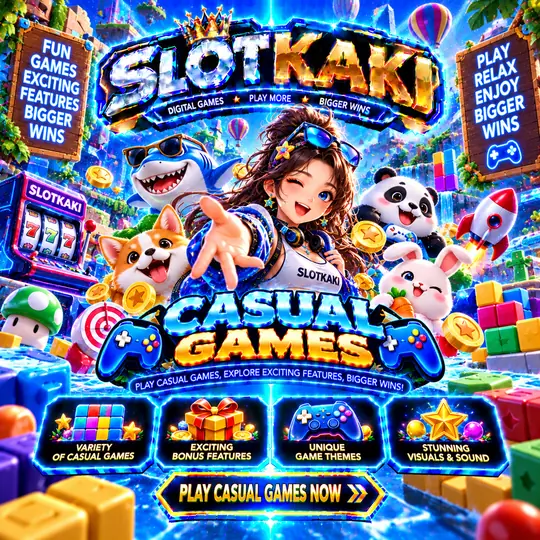 SLOTKAKI casual games – banner blue and gold: cute mascots and toys