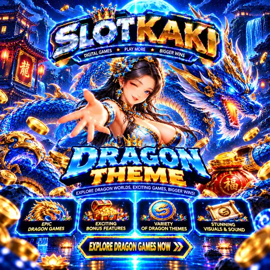 SLOTKAKI dragon theme – banner blue and gold: fiery red dragon