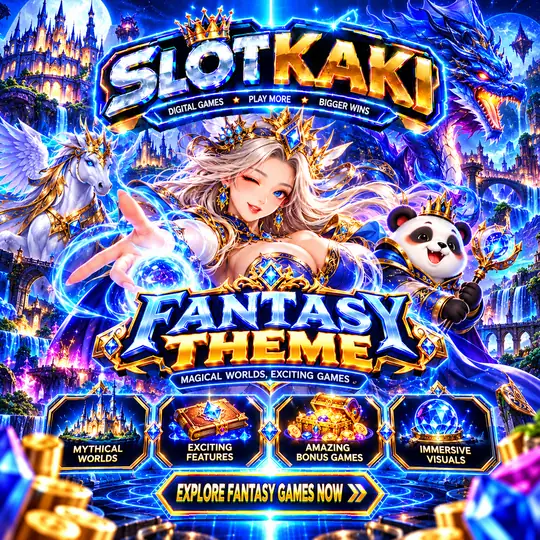 SLOTKAKI fantasy theme – banner blue and gold: castle and fantasy characters