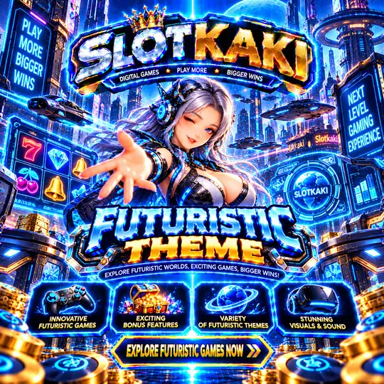 SLOTKAKI futuristic theme – banner blue and gold: neon city of the future