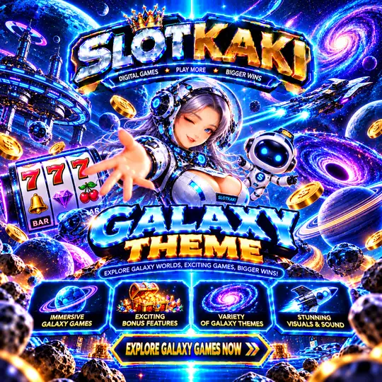 SLOTKAKI galaxy theme – banner blue and gold: outer space and planets