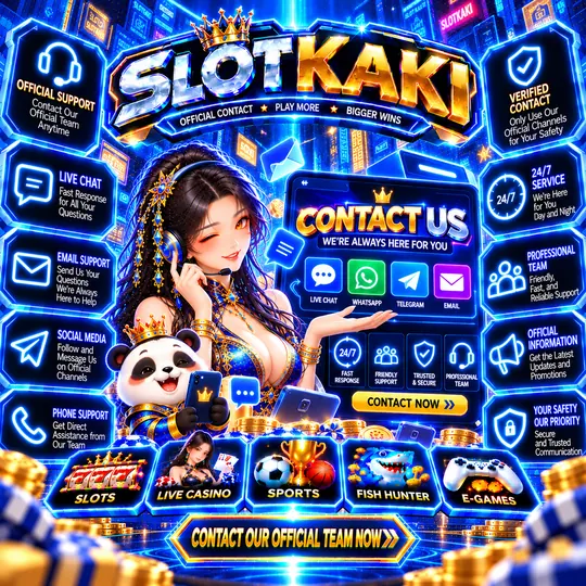 SLOTKAKI hubungan rasmi – banner biru dan emas: ikon WhatsApp, Telegram dan e-mel