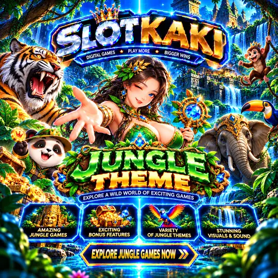 SLOTKAKI jungle theme – banner blue and gold: tropical forest and wild animals