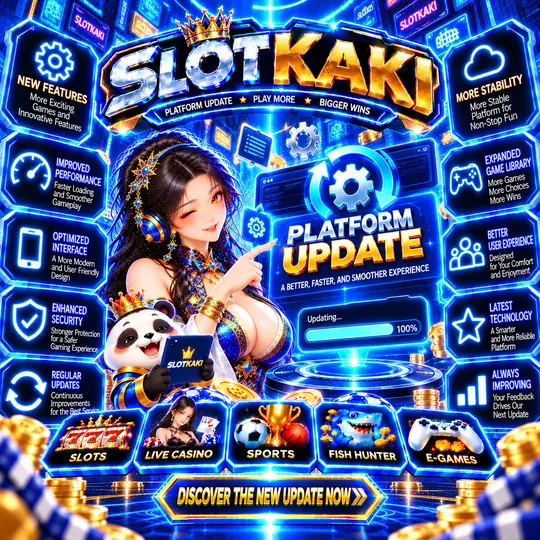 SLOTKAKI kemas kini platform – banner biru dan emas: ikon muat semula dan ciri baharu