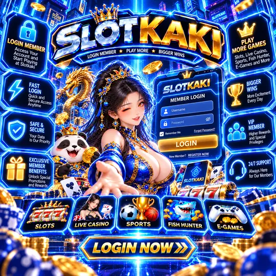 SLOTKAKI log masuk ahli – banner biru dan emas: borang log masuk dan butang Login