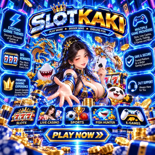 SLOTKAKI main banner – banner blue and gold: mascot with game category icons