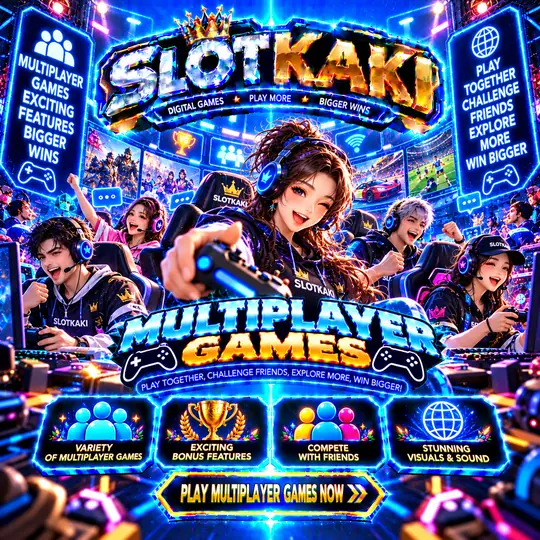 SLOTKAKI multiplayer games – banner blue and gold: teams of players competing