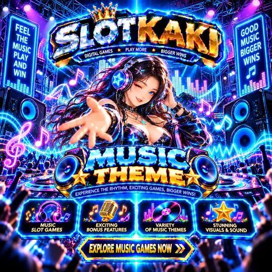 SLOTKAKI music theme – banner blue and gold: DJ and music notes
