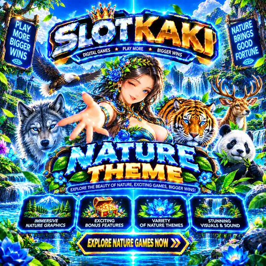 SLOTKAKI nature theme – banner blue and gold: waterfalls and wildlife