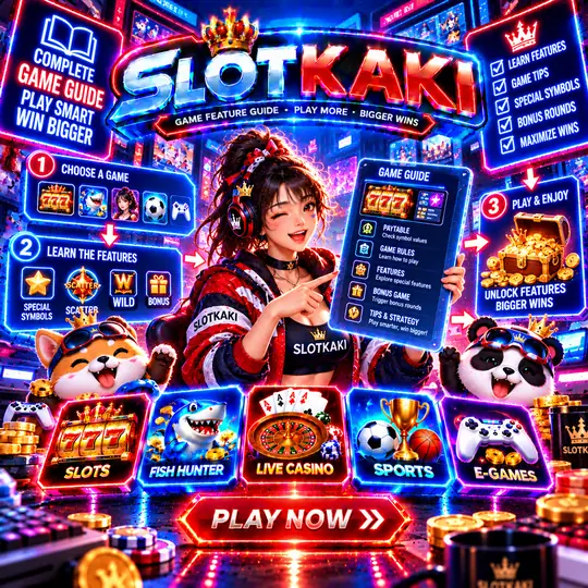 SLOTKAKI panduan ciri permainan – banner biru neon: penerangan wild, scatter dan putaran percuma