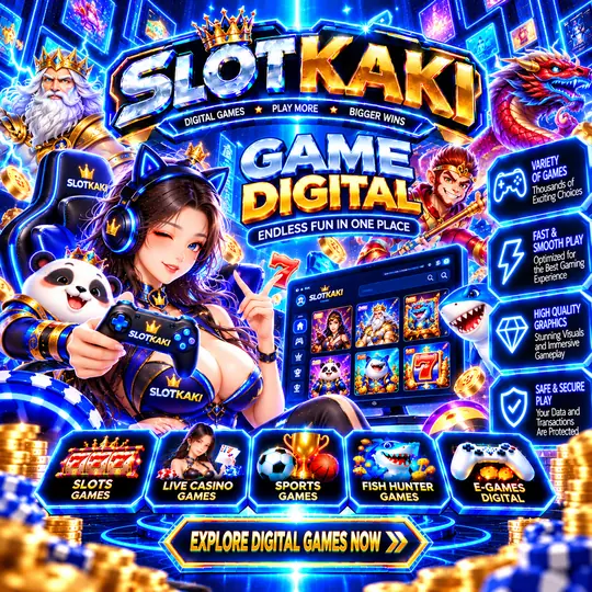 SLOTKAKI permainan digital – banner biru dan emas: skrin permainan digital