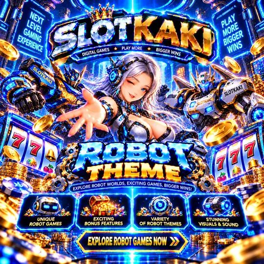 SLOTKAKI robot theme – banner blue and gold: robots and machines