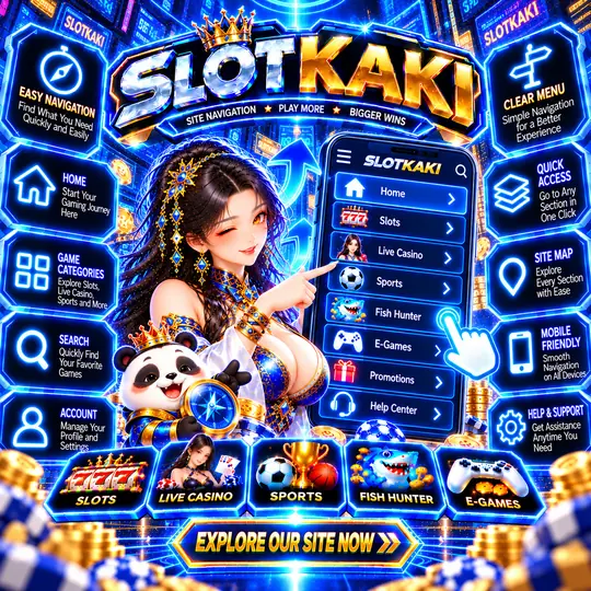 SLOTKAKI site navigation – banner blue and gold: site menu and search icons