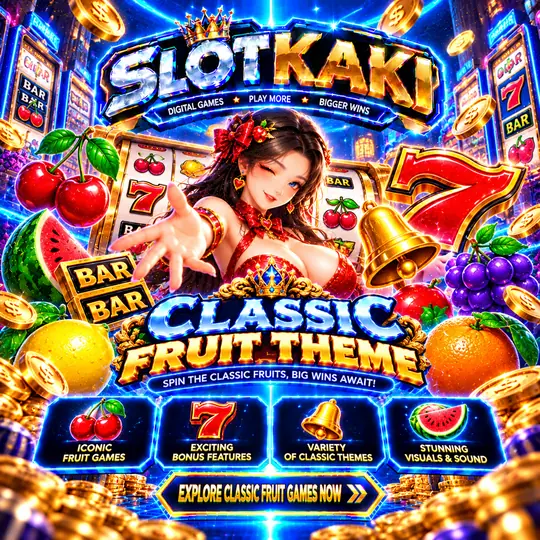 SLOTKAKI tema buah klasik – banner biru dan emas: buah-buahan dan simbol 777