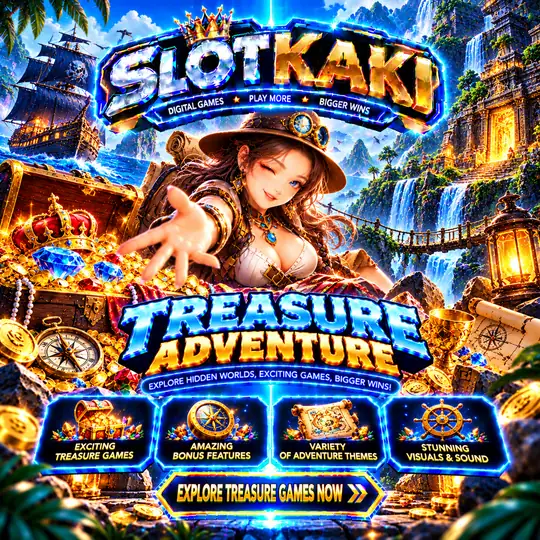SLOTKAKI treasure theme – banner blue and gold: treasure chest and a sailing ship